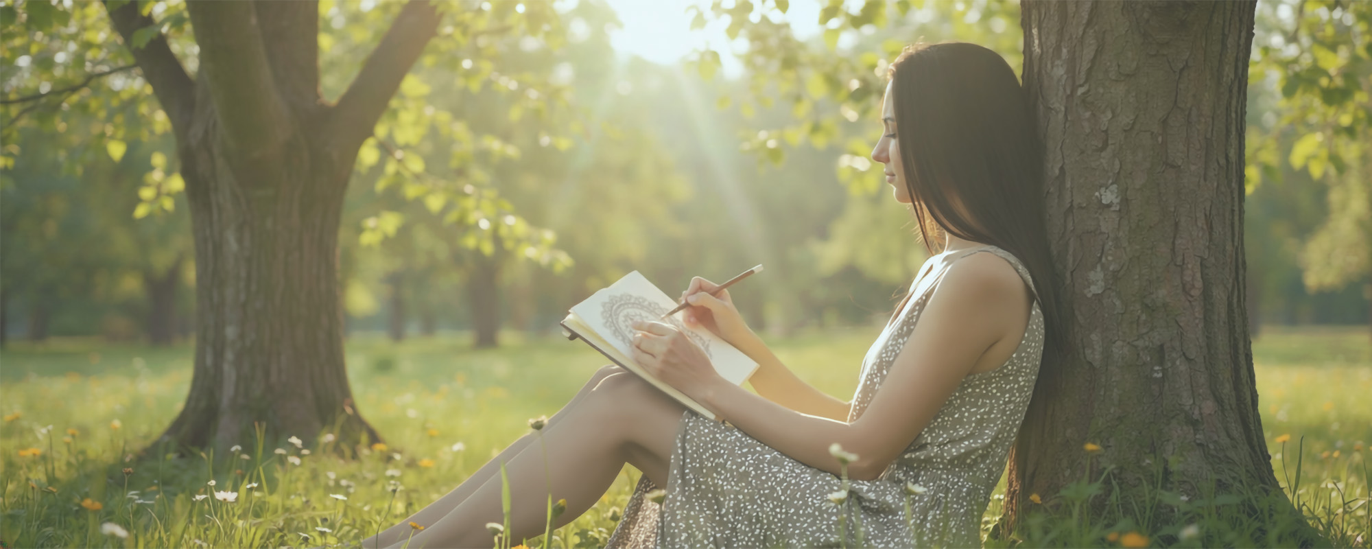 woman sitting against a tree in the sunlight, drawing in a sketchbook