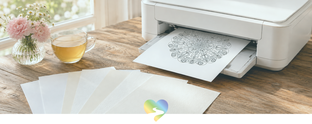 Printer producing a black-line mandala beside different types of paper for mandala coloring, pink flowers and tea near a window.