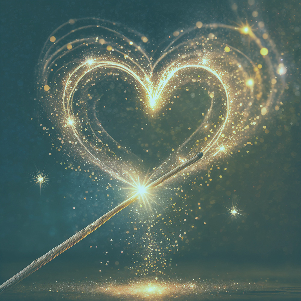 Magic wand creating a glowing golden heart surrounded by sparkling light symbolizing manifestation of positive energy & abundance.