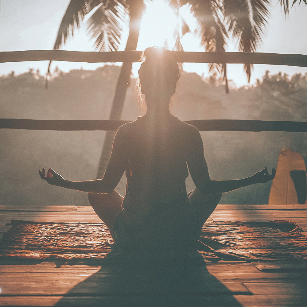 Woman meditating in a seated yoga pose beneath palm trees in the warm morning sunlight.