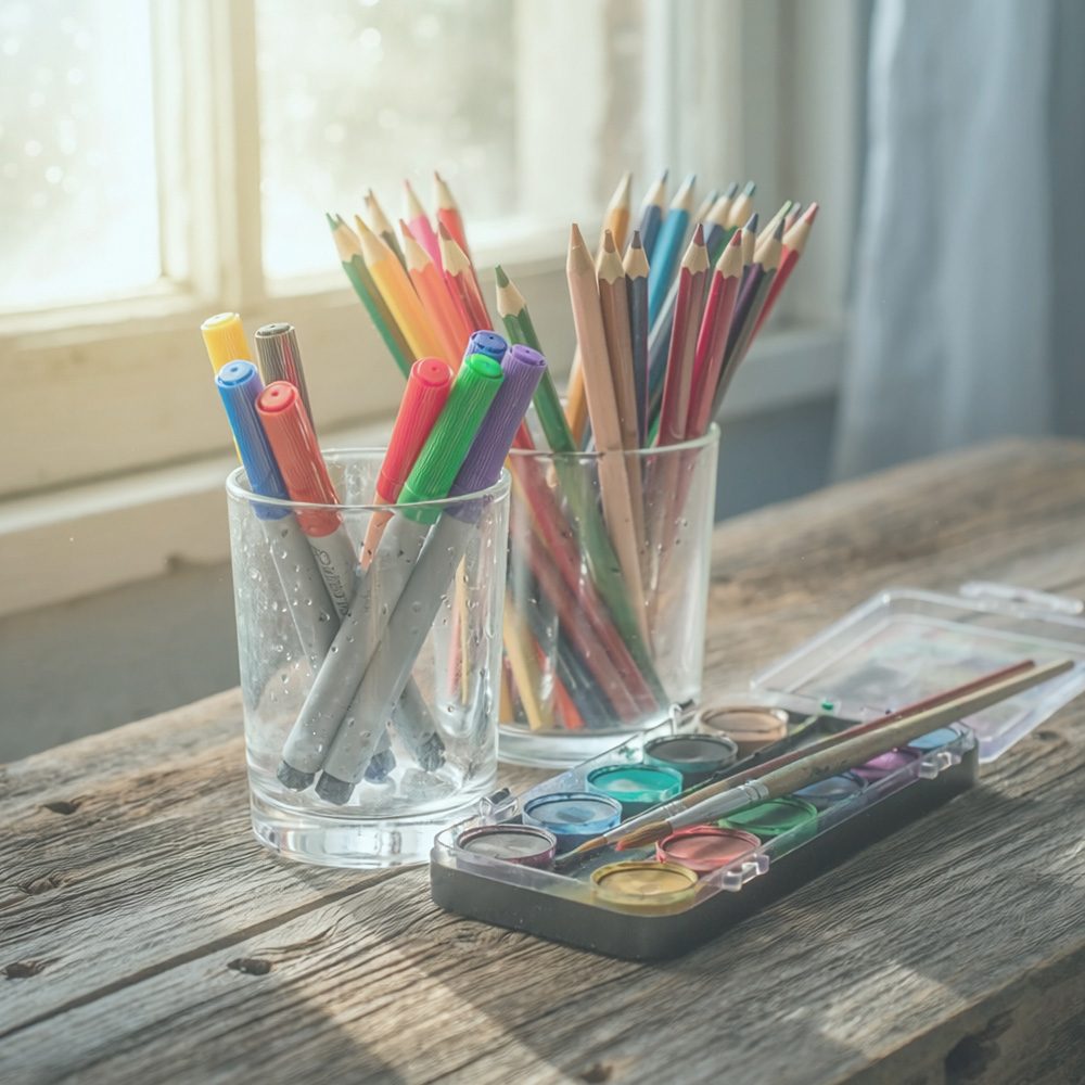 Colourful pencils, markers, paintbrushes, and watercolours arranged on a wooden table by a sunlit window.
