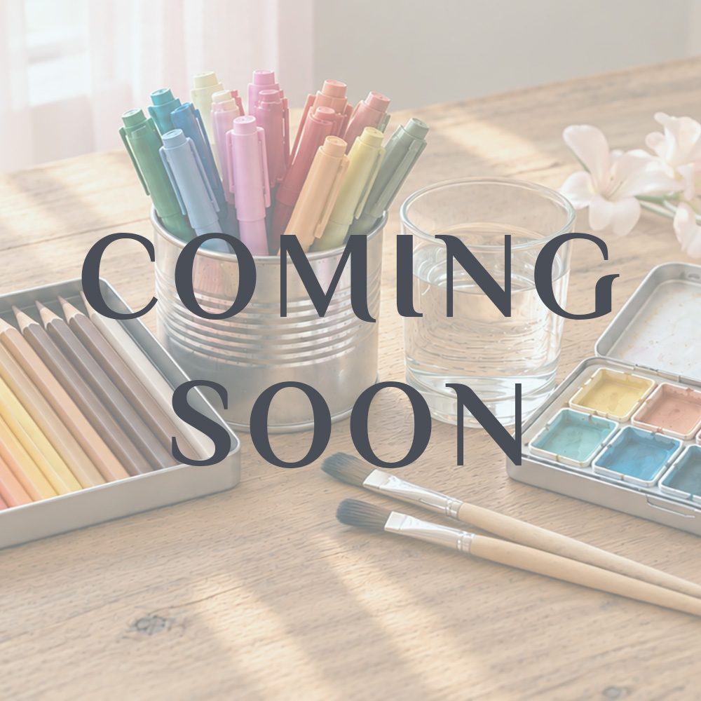 Coming soon preview for an article about choosing coloring materials, featuring colored pencils, felt-tip pens, watercolors and brushes.
