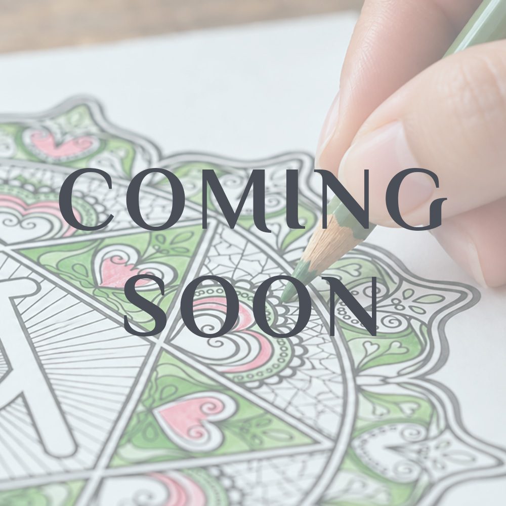 Coming soon preview for a mandala coloring guide, showing a hand coloring a detailed mandala in red and green.