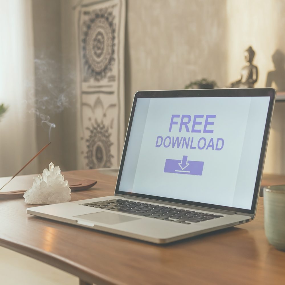 Laptop displaying a free download on a wooden table in a spiritual setting.