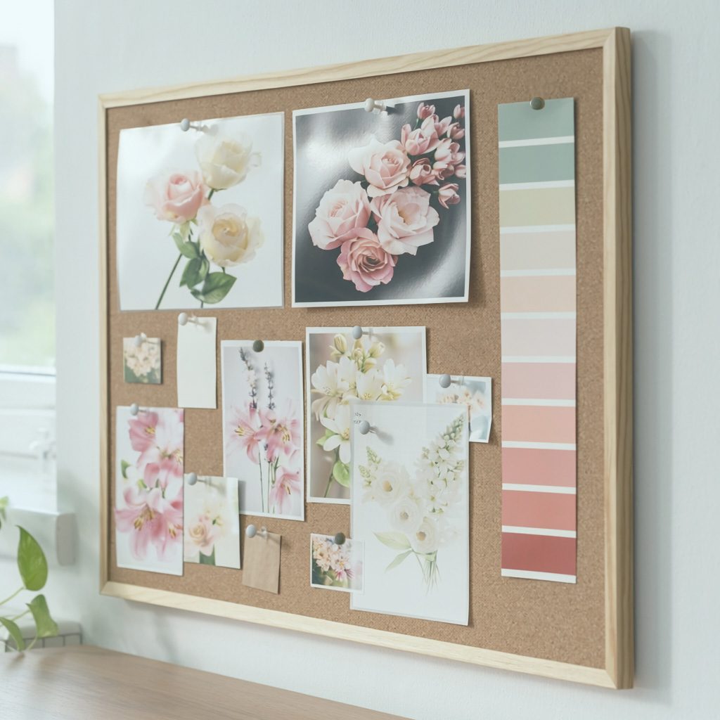 Floral mood board with pink and white flower photographs and a coordinating colour palette.