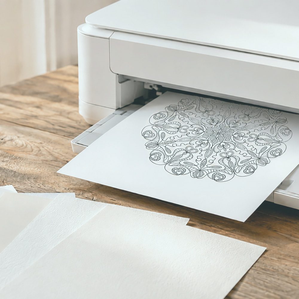 Printer on wooden desk producing a black-line mandala beside different types of paper for mandala coloring.
